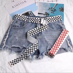 Red white black checkered canvas ring belt
